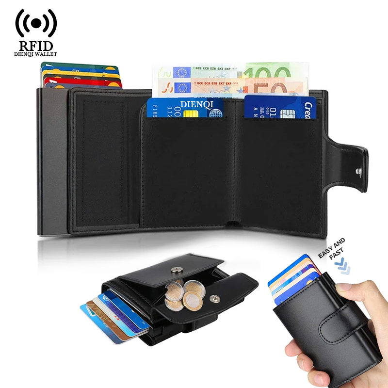 Card Top Loader - กระเป๋าใส่บัตรเครดิตแบบโลหะ ป้องกัน RFID สีดำ แบบพับสามตอน มีตัวล็อค